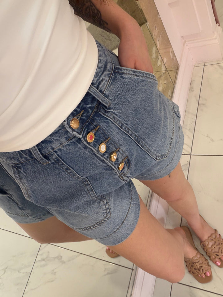 Edi Front Pocket Button Detail Denim Shorts