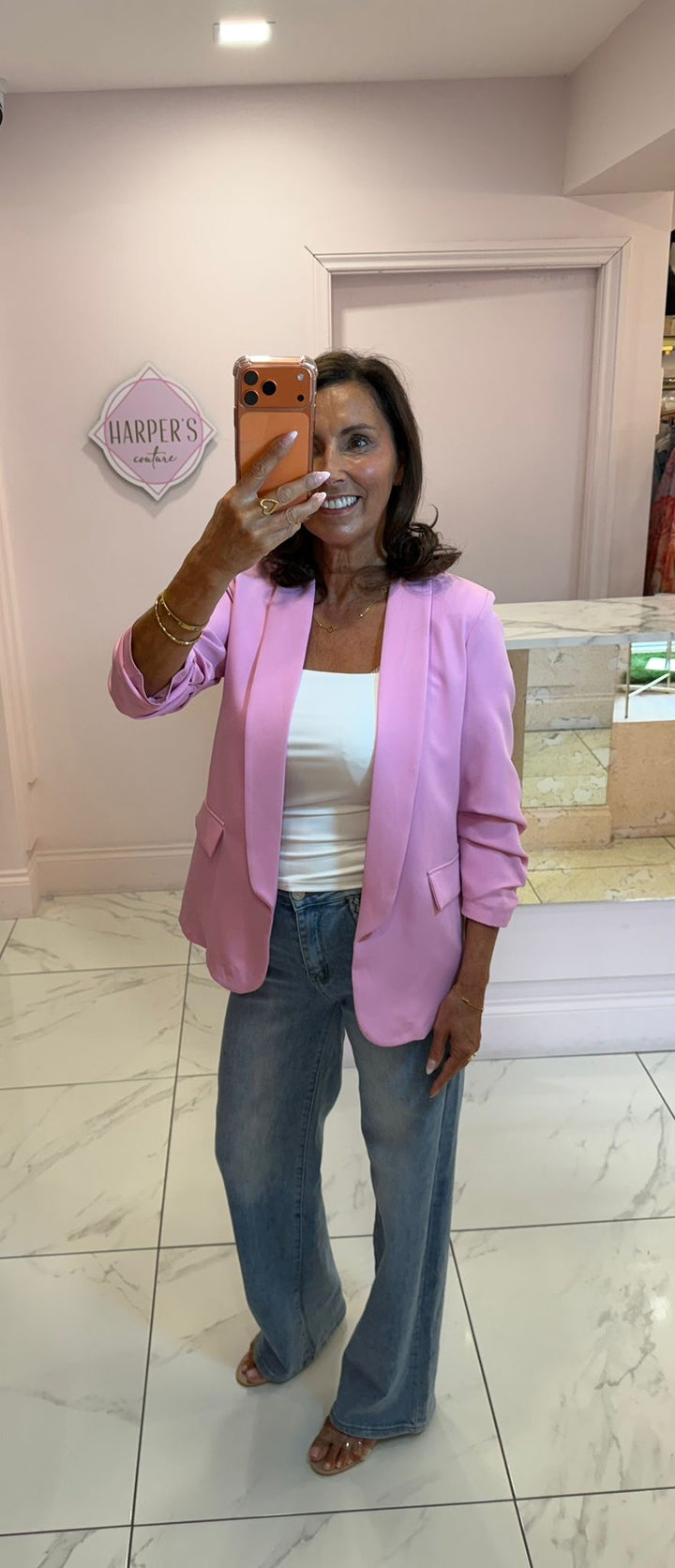 Gabby Pink Ruched Sleeve Blazer