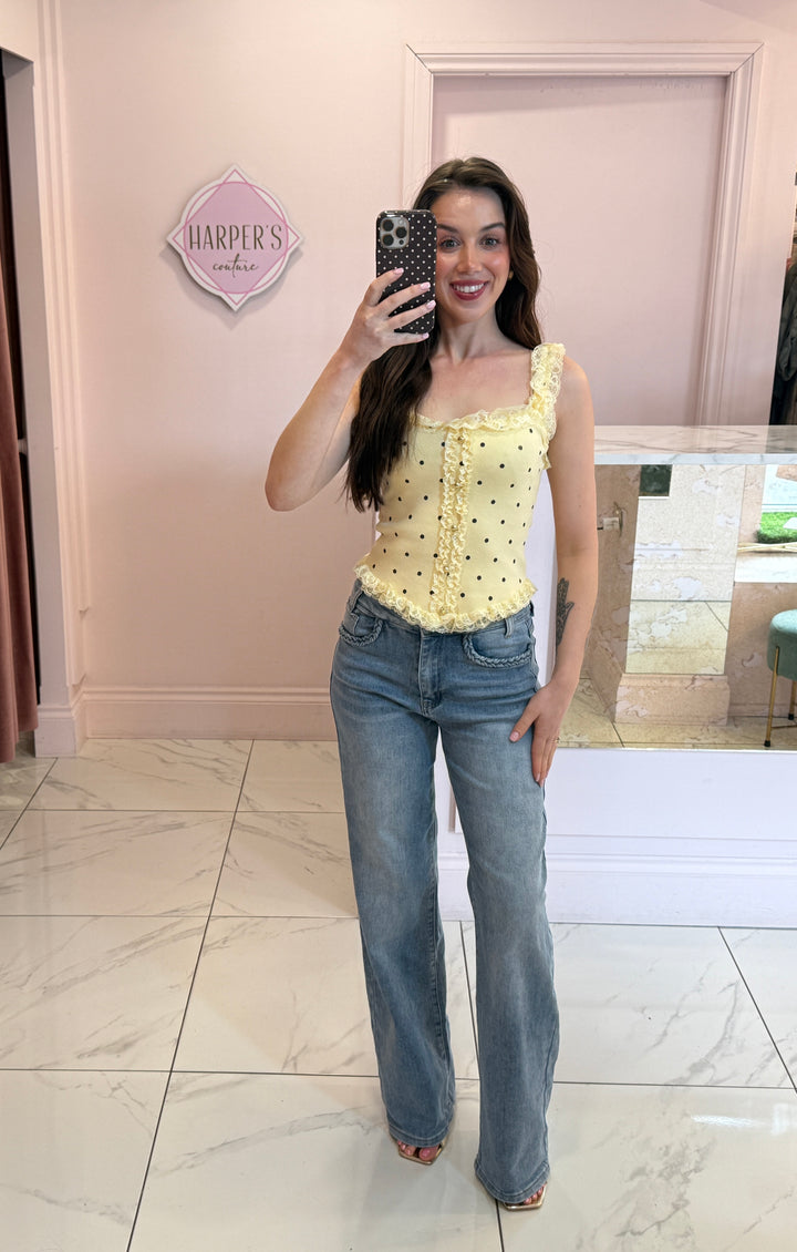 Ellen Polka Dot &amp; Lace Trim Top