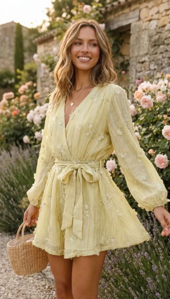 Oria Soft Green Floral Appliqué Playsuit