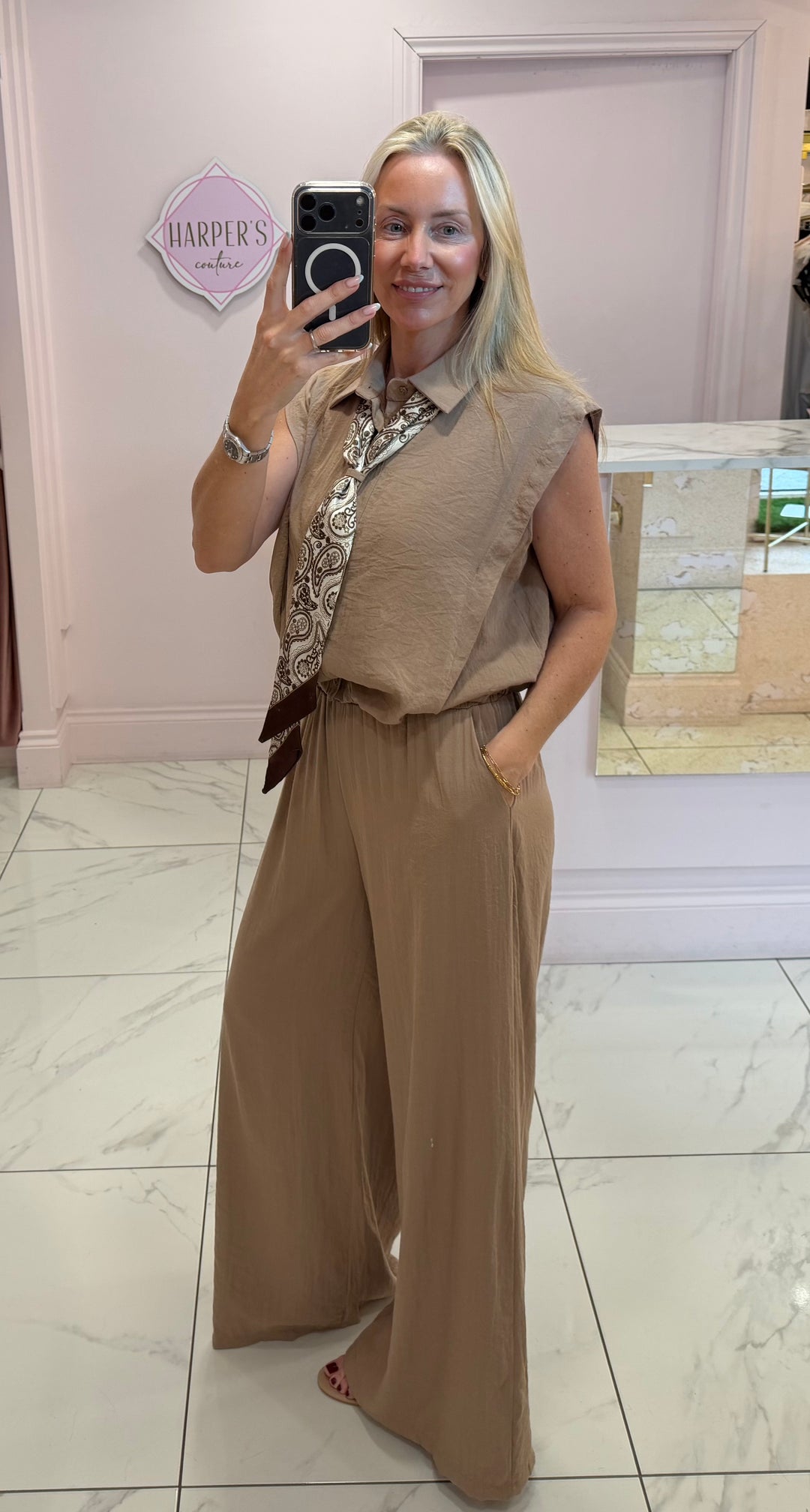 Mary Detachable Scarf Linen Feel Top &amp; Trouser Co Ord Set