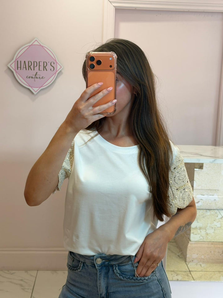 Calla White Crochet Sleeve T-Shirt