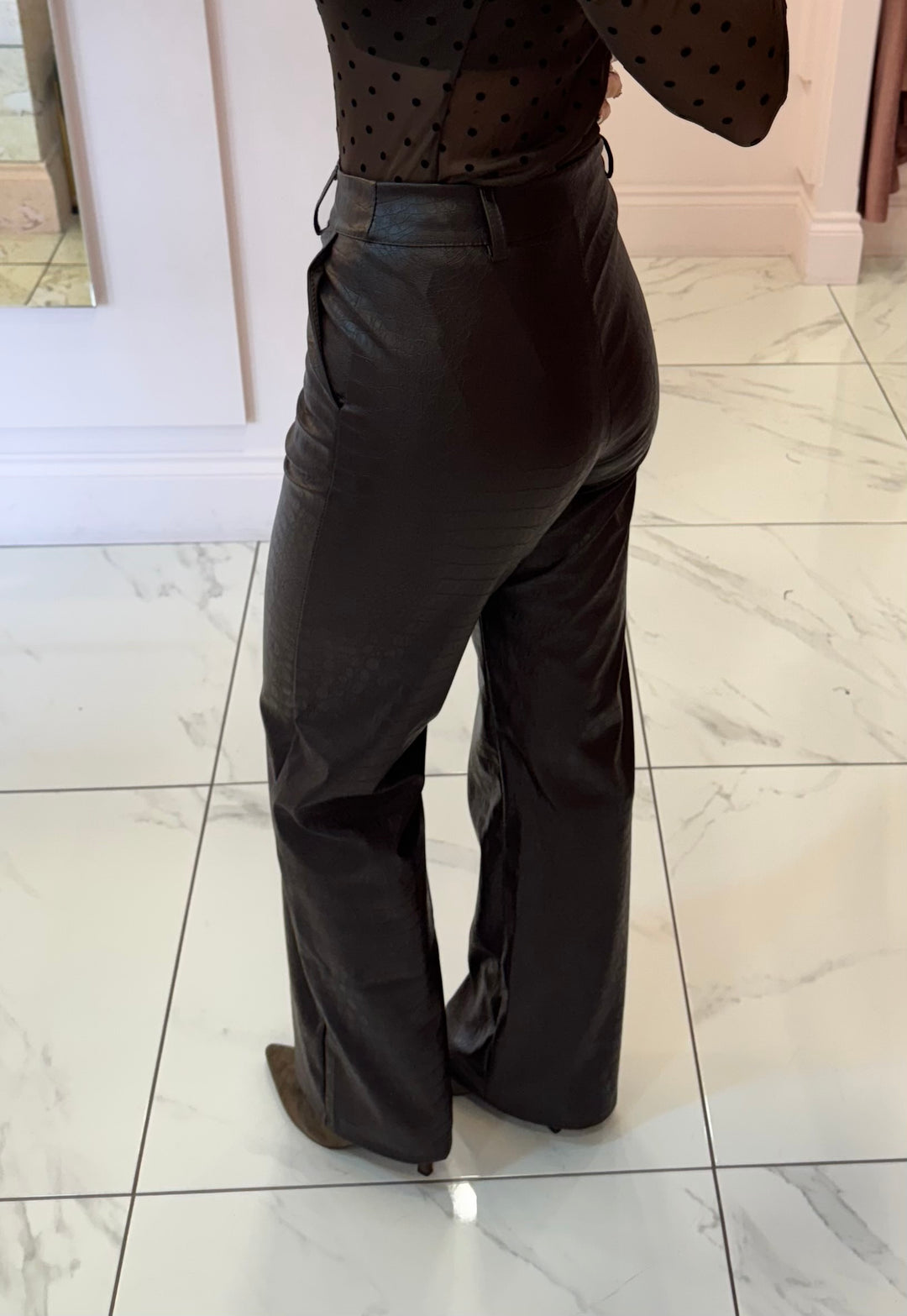 Valentina Brown Faux Leather Wide Leg Trousers