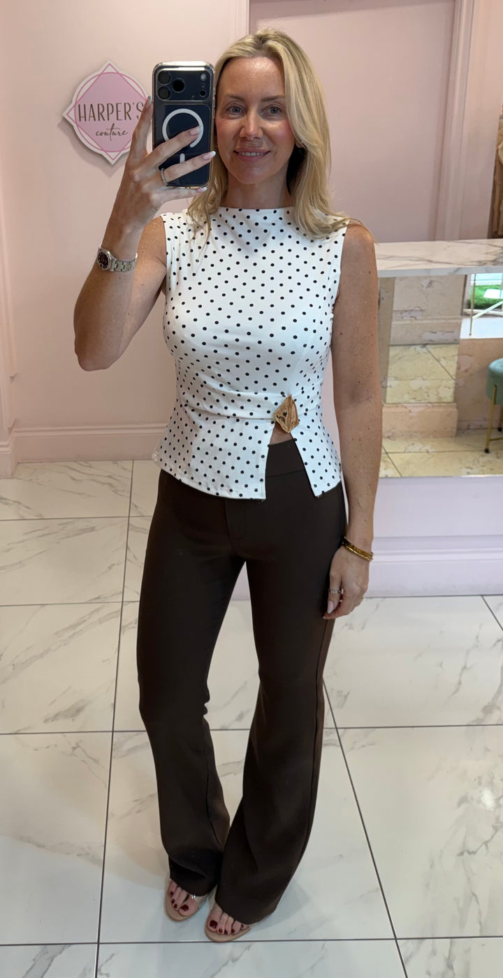 Beatrice Polka Dot Top With Gold Buckle Detail