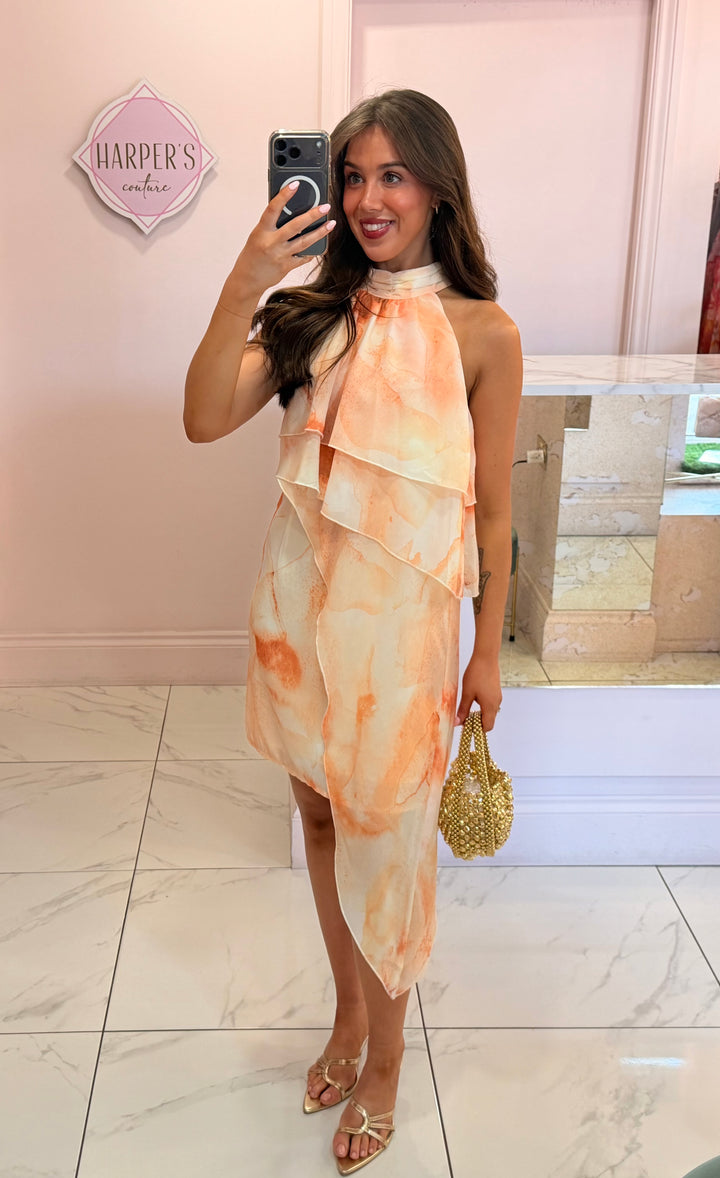 Neama Peach Layered Asymmetrical Dress