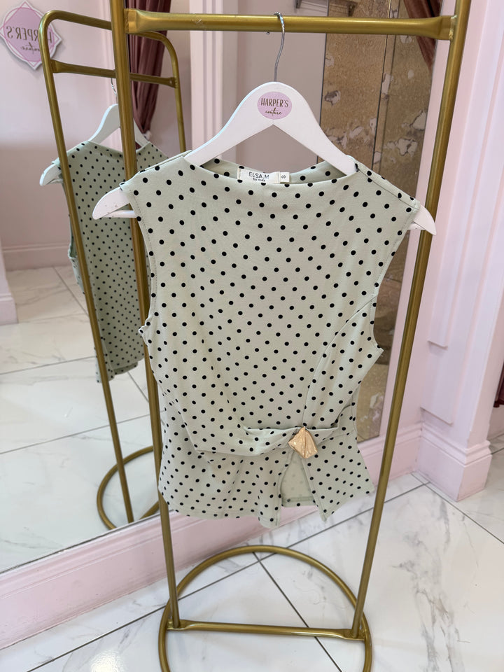 Beatrice Polka Dot Top With Gold Buckle Detail