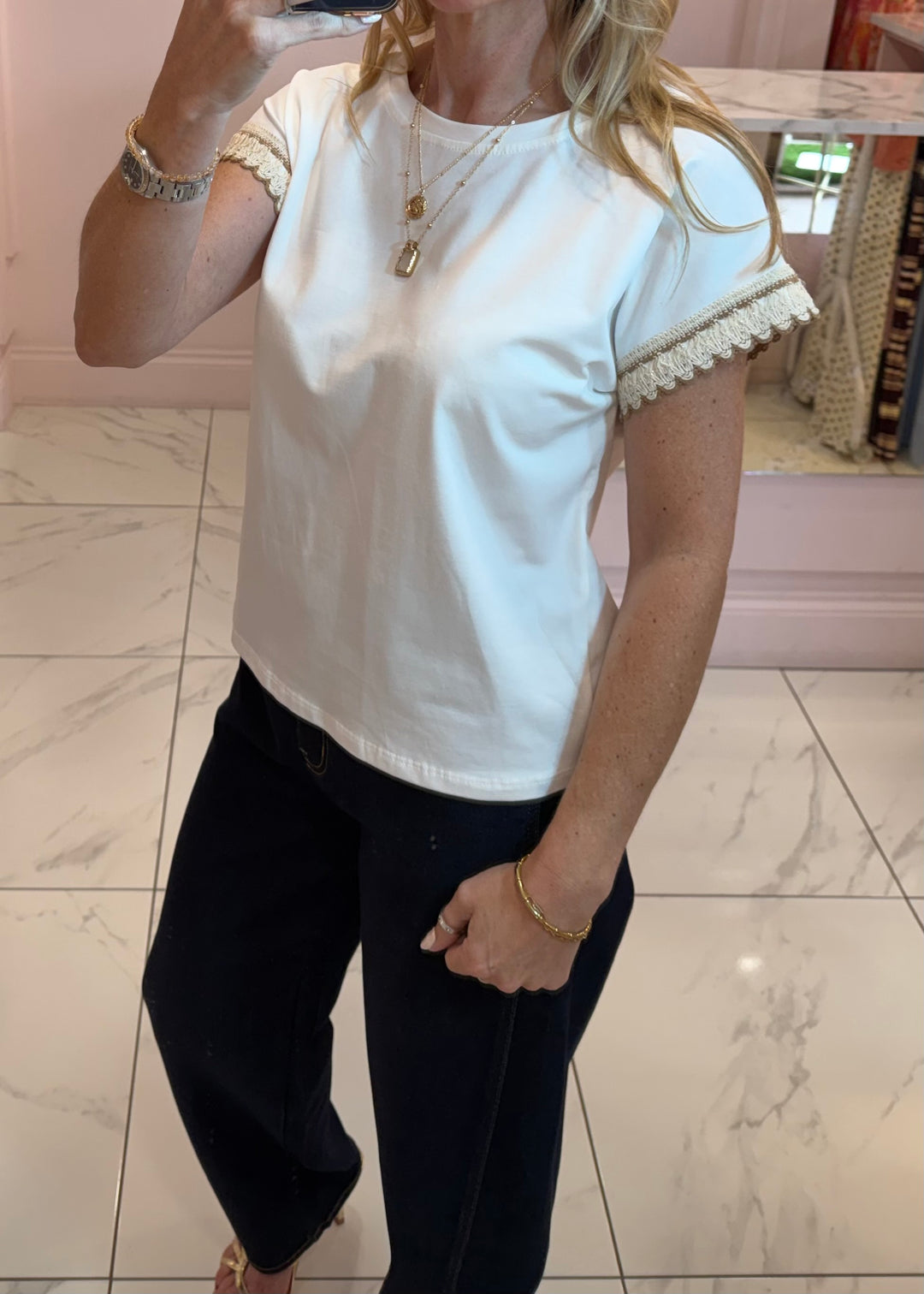 Olive White Crochet Sleeve T-Shirt