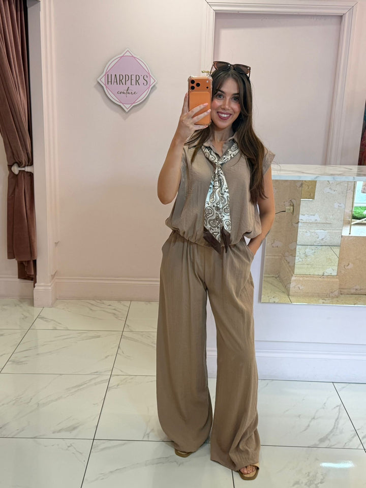 Mary Detachable Scarf Linen Feel Top &amp; Trouser Co Ord Set