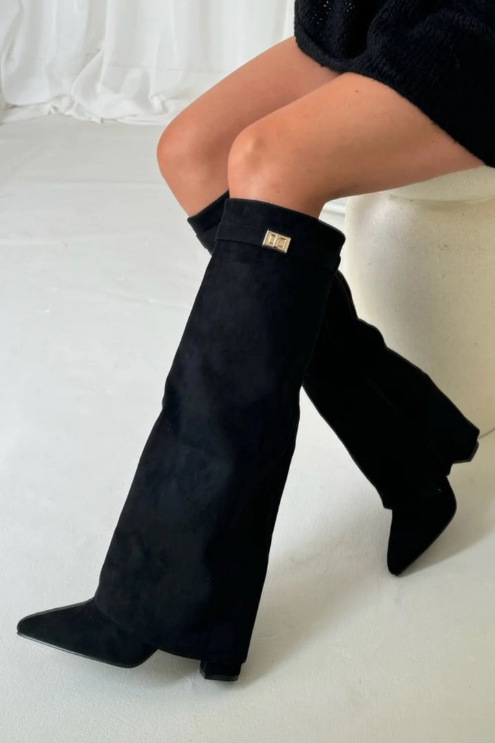 Sadie Black Knee High Fold Over Boots