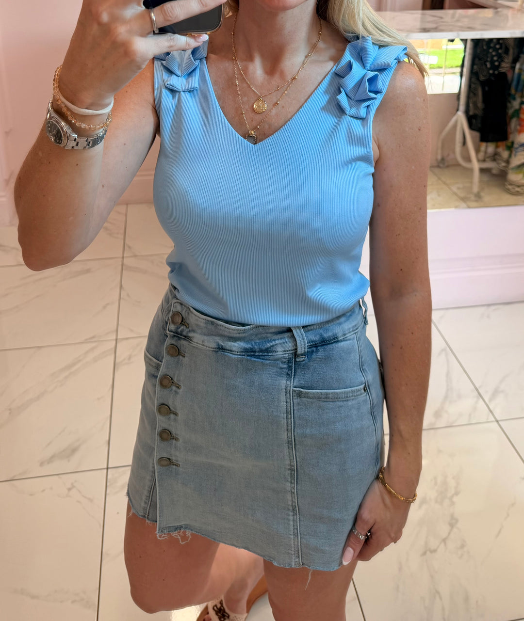 Saskia Soft Stretchy Denim Button Front Skort