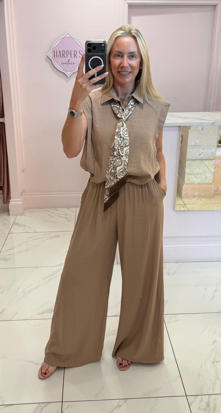 Mary Detachable Scarf Linen Feel Top &amp; Trouser Co Ord Set
