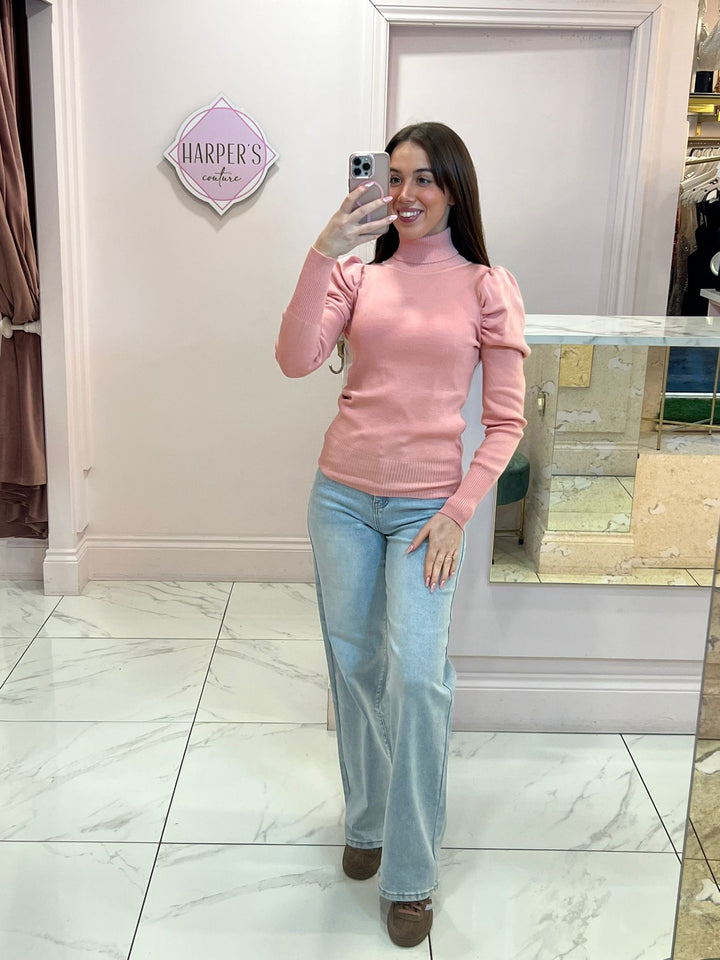Patty Pink Puff Sleeve Polo Neck Knit Jumper