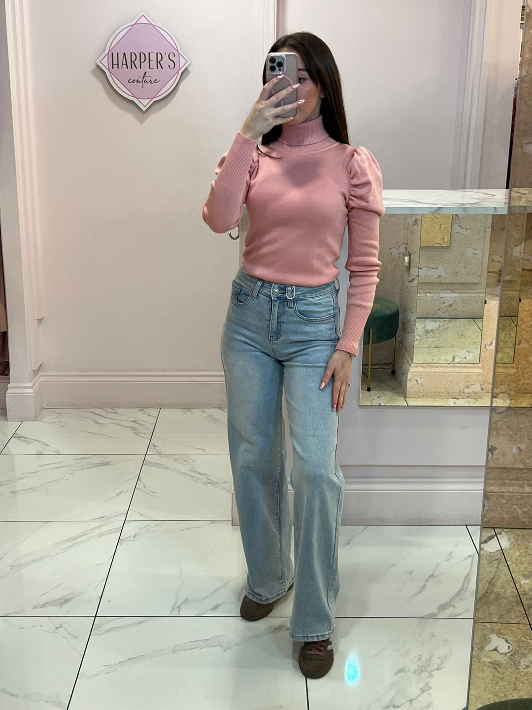 Patty Pink Puff Sleeve Polo Neck Knit Jumper