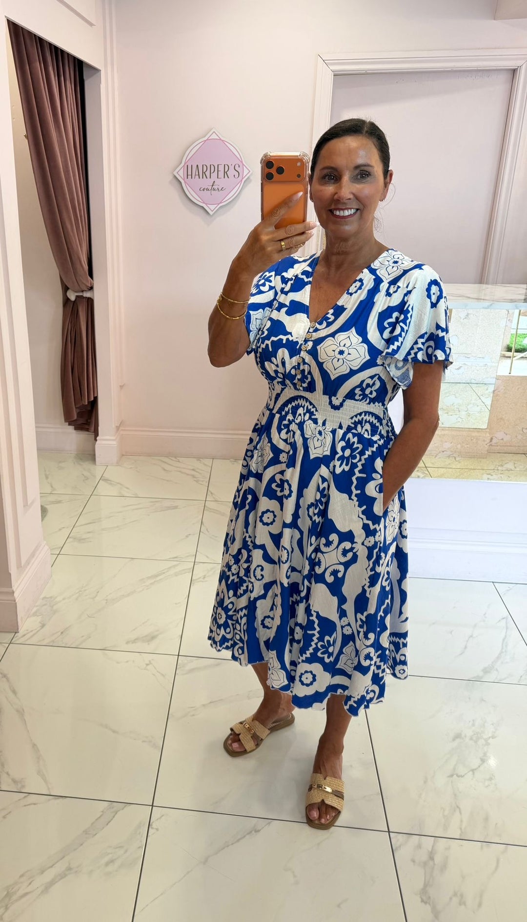 Mina Blue &amp; White Print Fit &amp; Flare Summer Dress