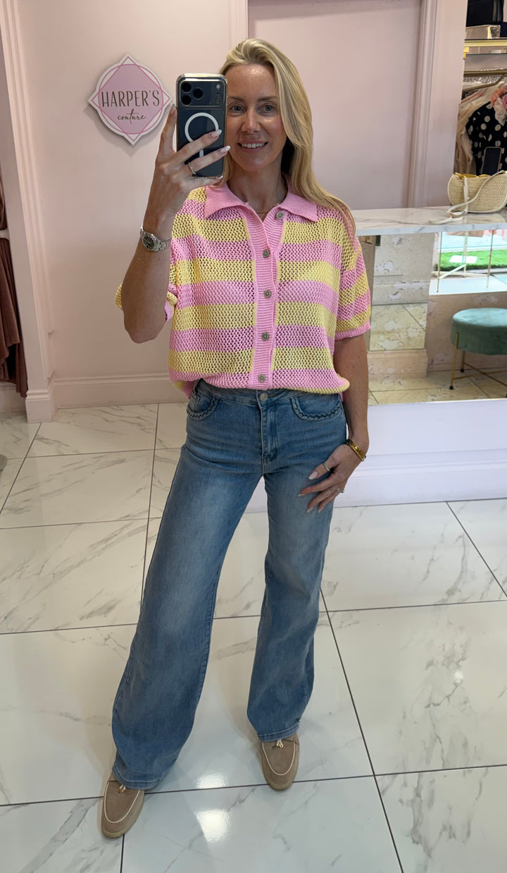 Raye Pink &amp; Yellow Button Detail Top/Cardigan