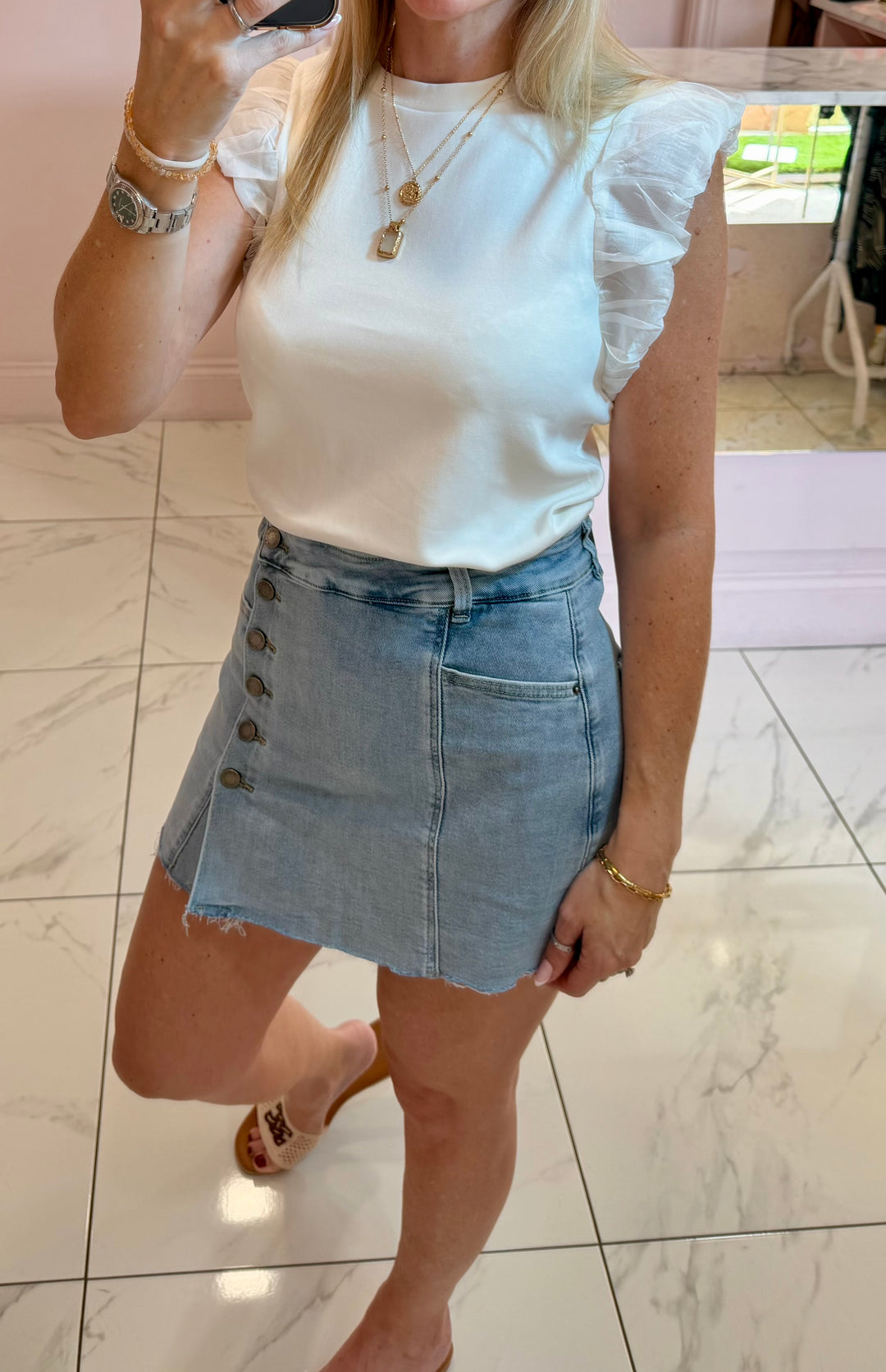 Saskia Soft Stretchy Denim Button Front Skort