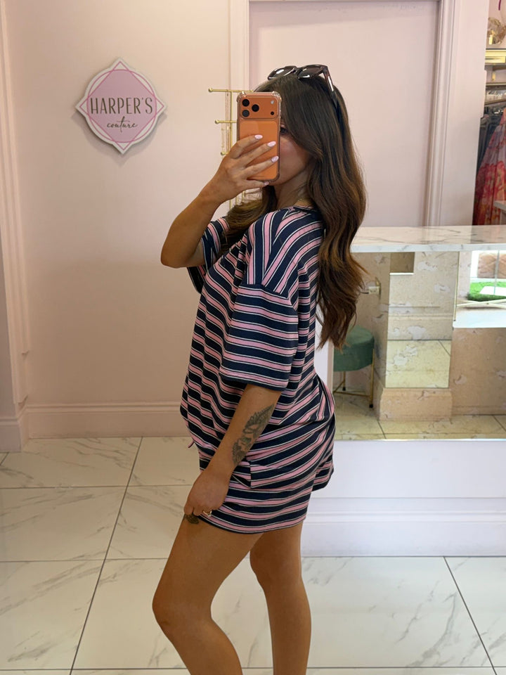 Mitzy Navy &amp; Pink Striped Oversized T Shirt &amp; Short Co Ord Set