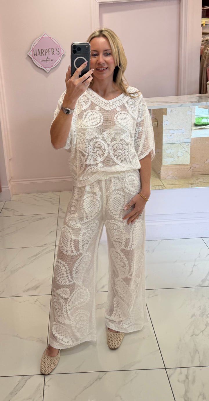 Cerys Paisley Crochet Sheer Top &amp; Trouser Co Ord Set