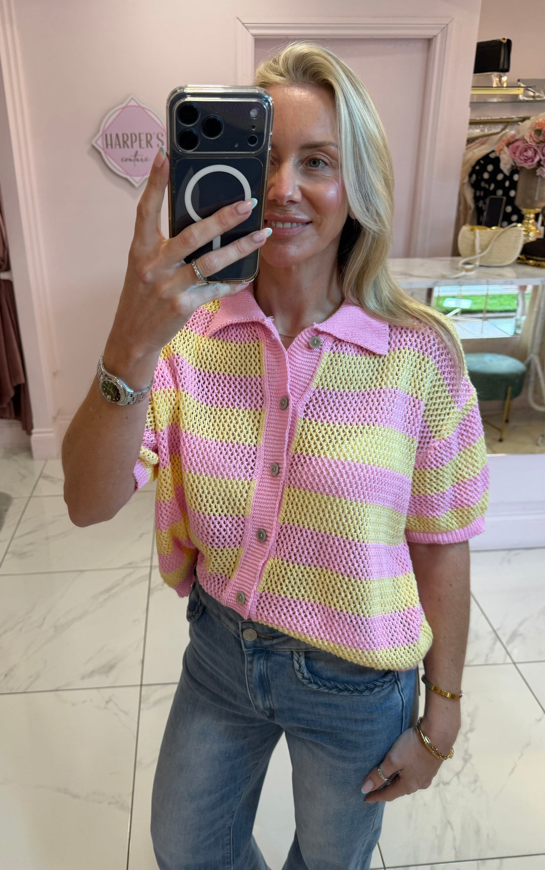 Raye Pink &amp; Yellow Button Detail Top/Cardigan