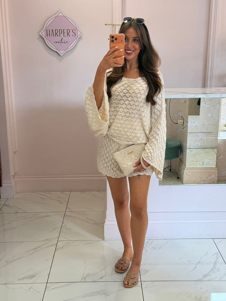 Roxy Cream Crochet Top &amp; Shorts Co Ord Set