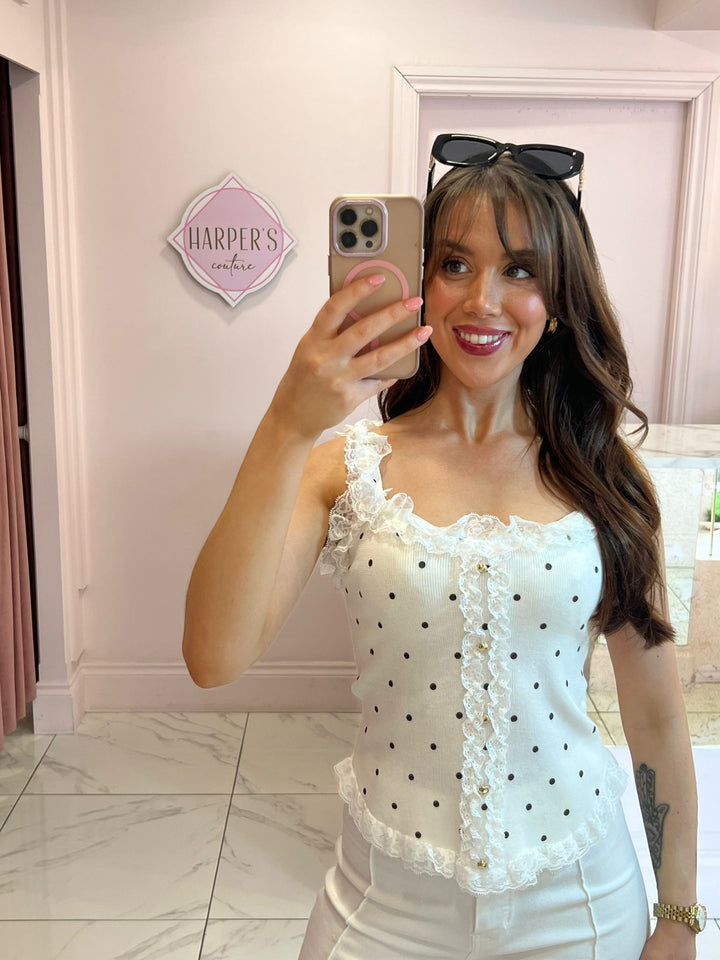 Ellen Polka Dot &amp; Lace Trim Top