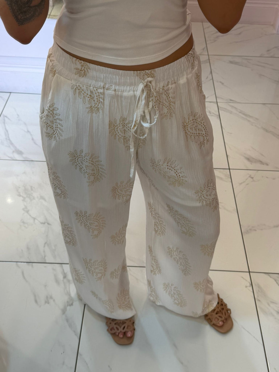 Harriet White &amp; Gold Paisley Pattern Trousers