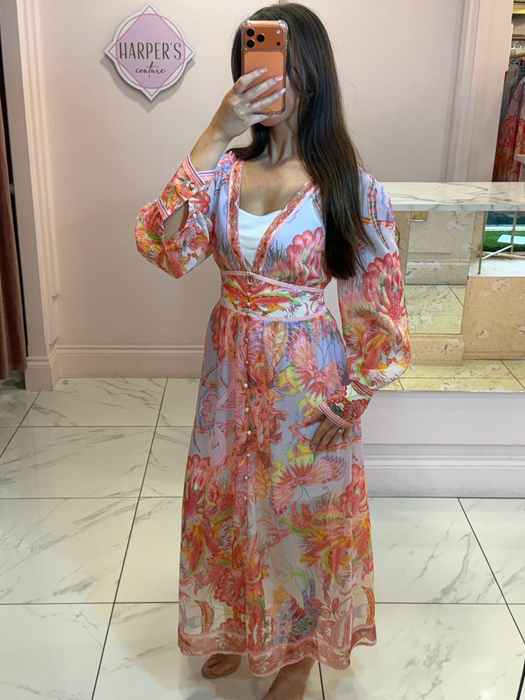 Cassie Coral &amp; Lilac Floral Print Long Sleeve Dress