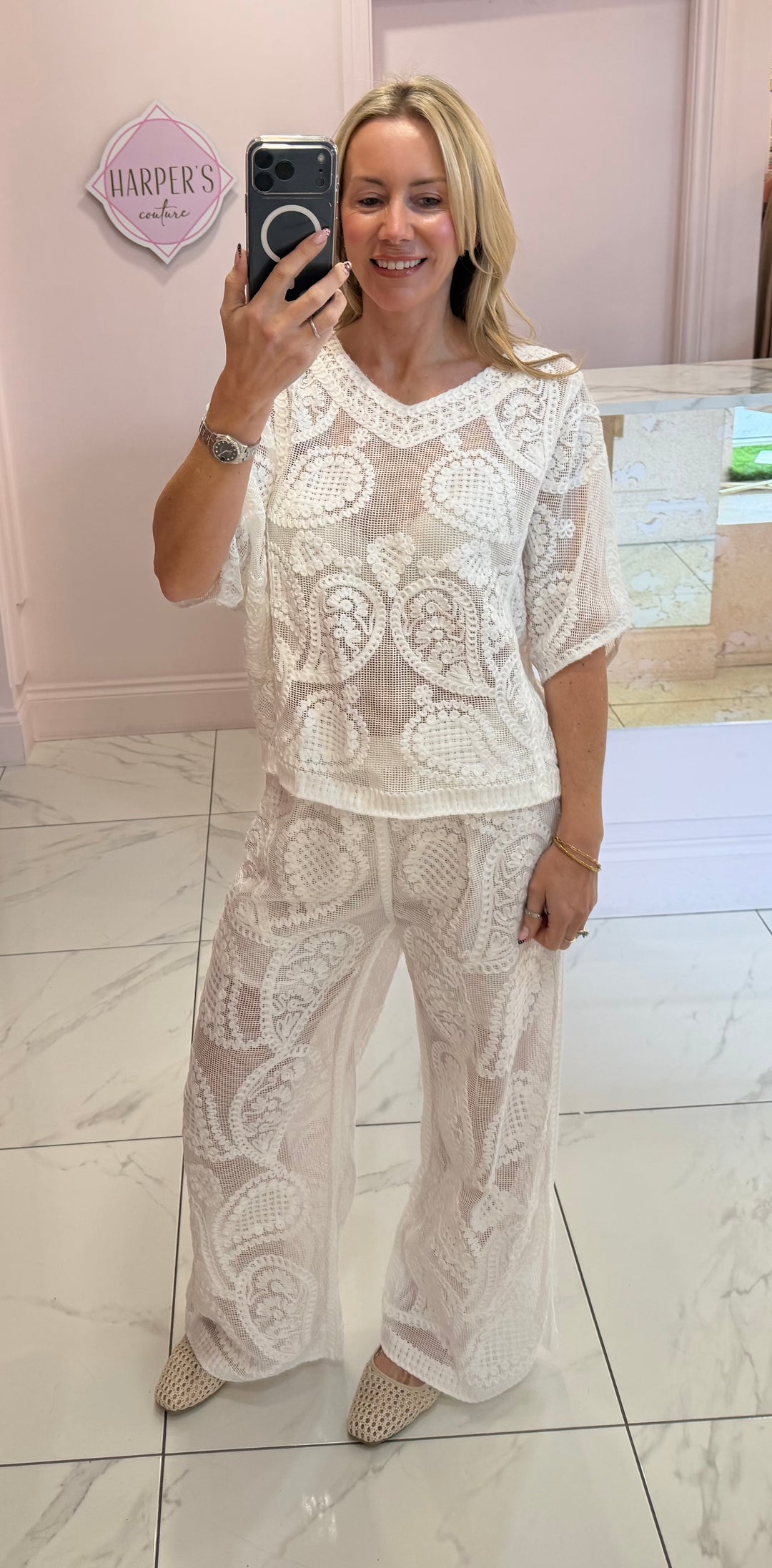 Cerys Paisley Crochet Sheer Top &amp; Trouser Co Ord Set