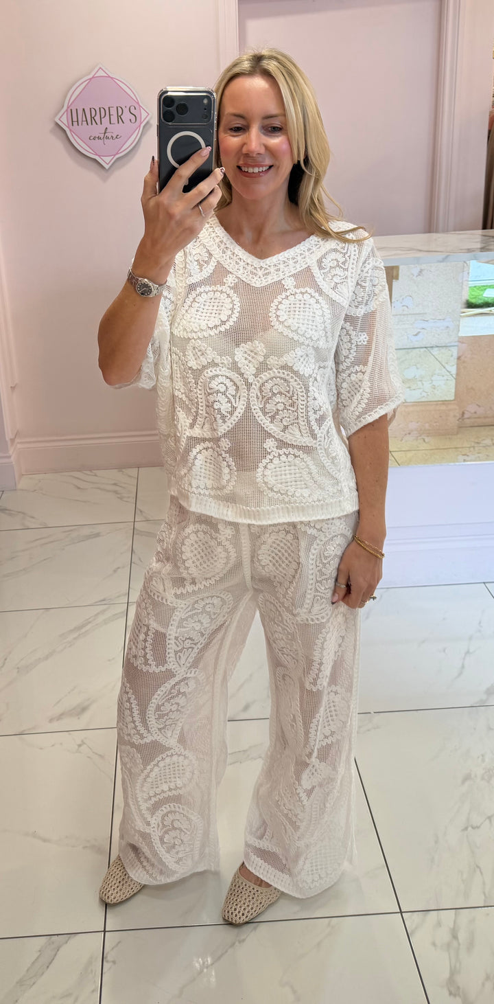 Cerys Paisley Crochet Sheer Top &amp; Trouser Co Ord Set