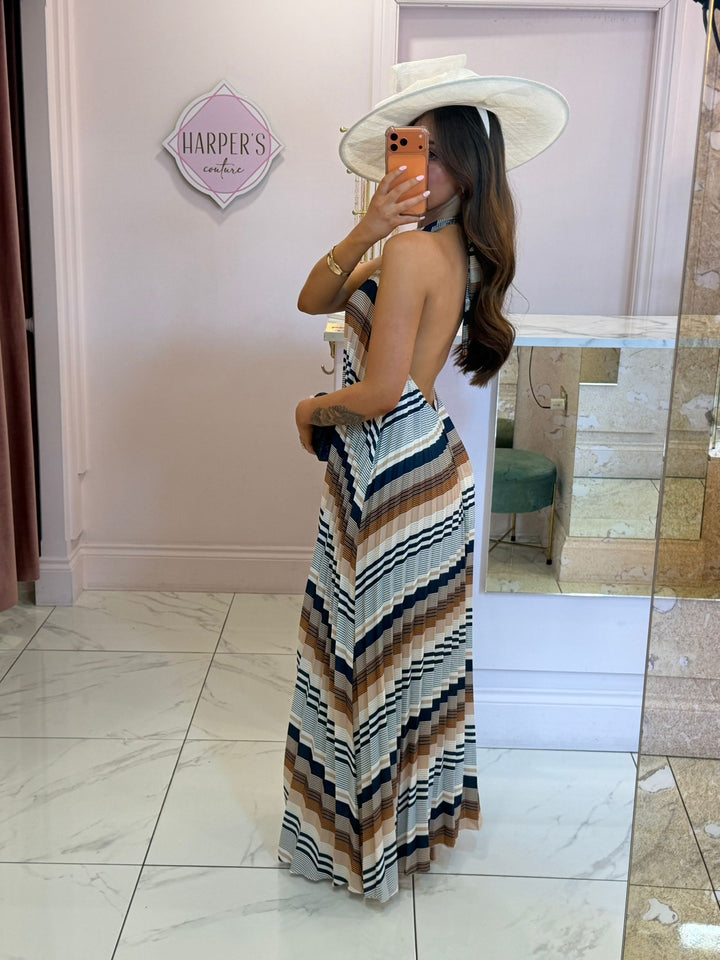 Imogen Stripe Pleated Halter Neck Maxi Dress
