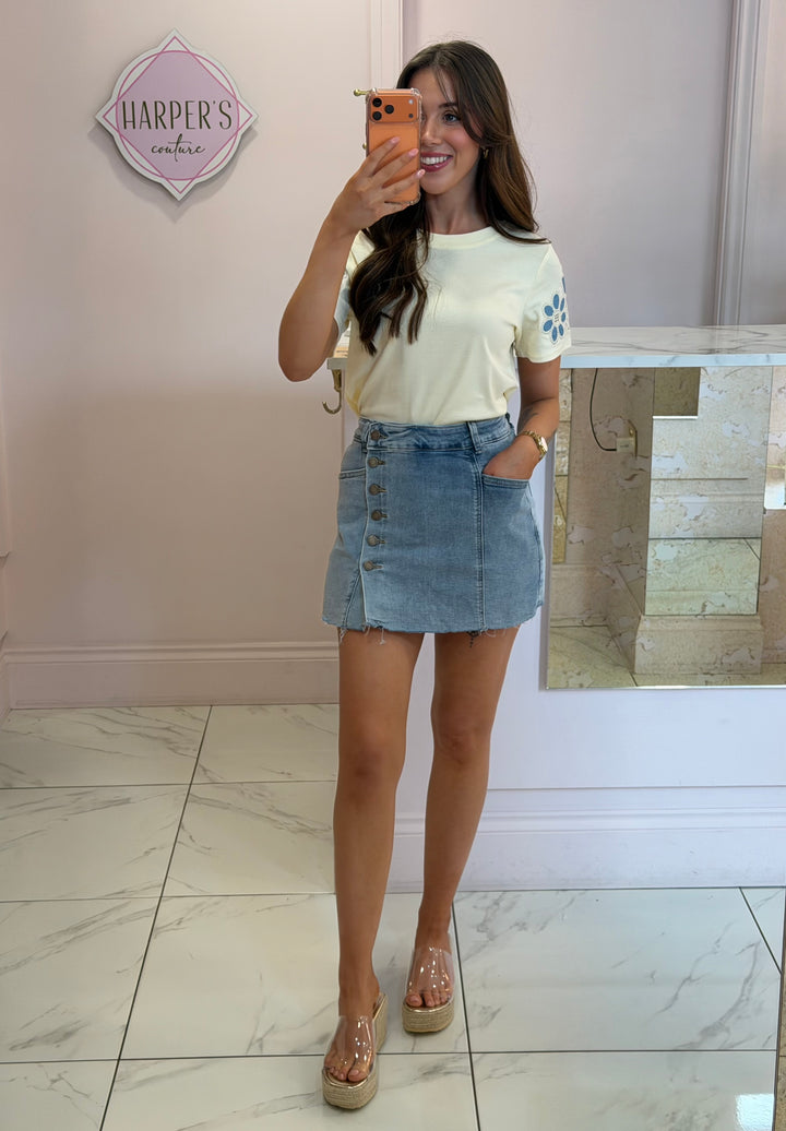 Saskia Soft Stretchy Denim Button Front Skort