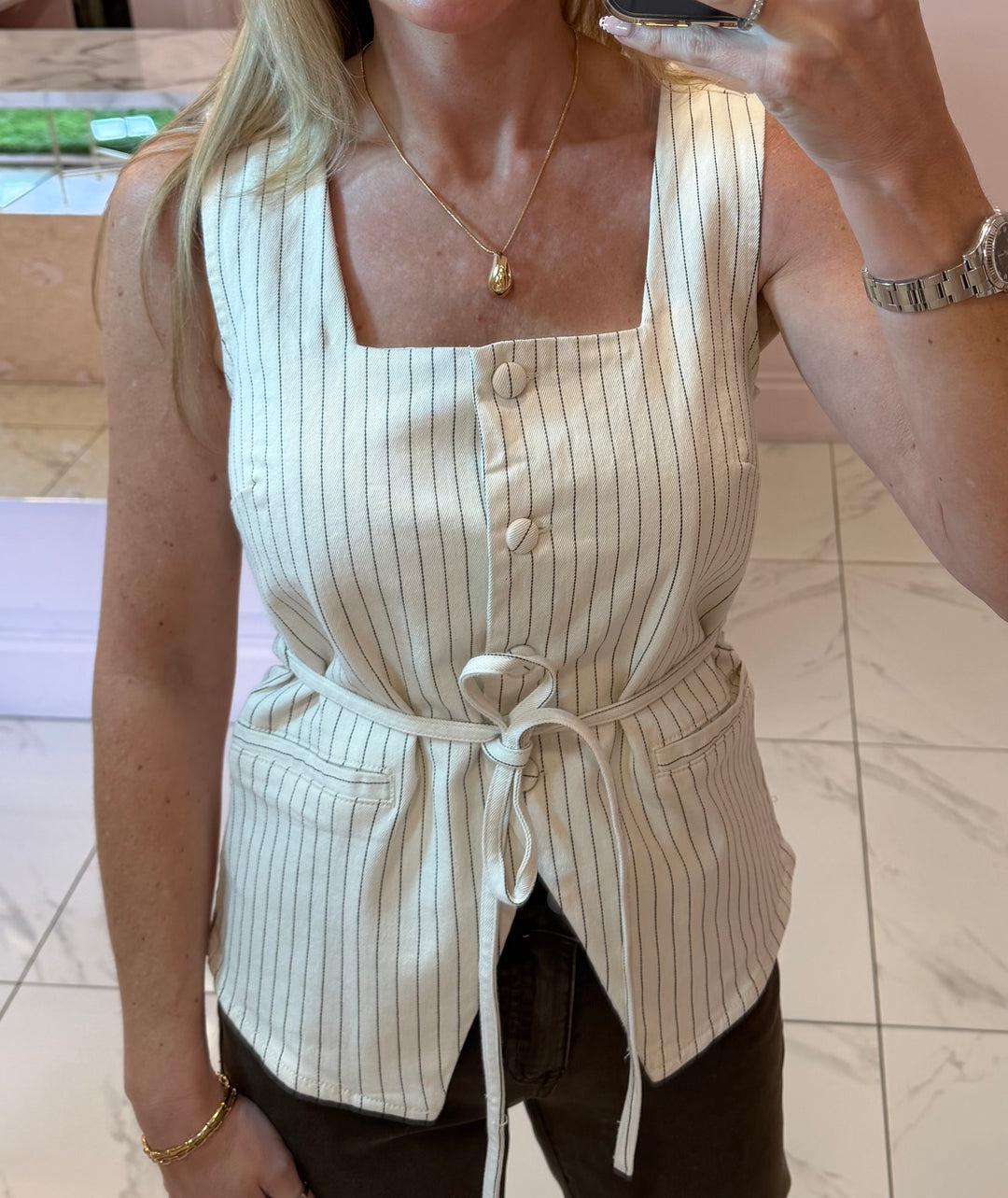 Matilda Striped Detail Waistcoat With Detachable Tie Belt