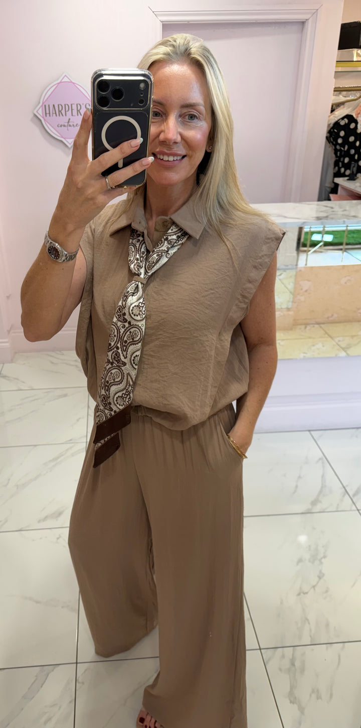 Mary Detachable Scarf Linen Feel Top &amp; Trouser Co Ord Set