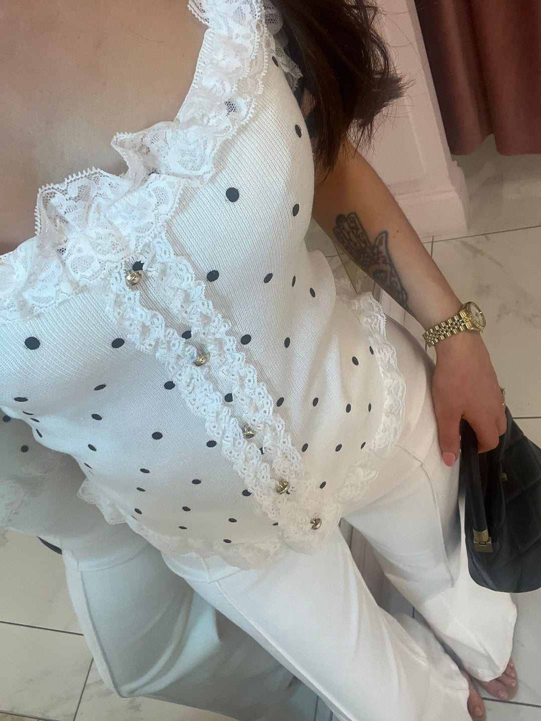 Ellen Polka Dot &amp; Lace Trim Top