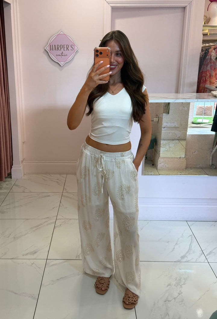 Harriet White &amp; Gold Paisley Pattern Trousers
