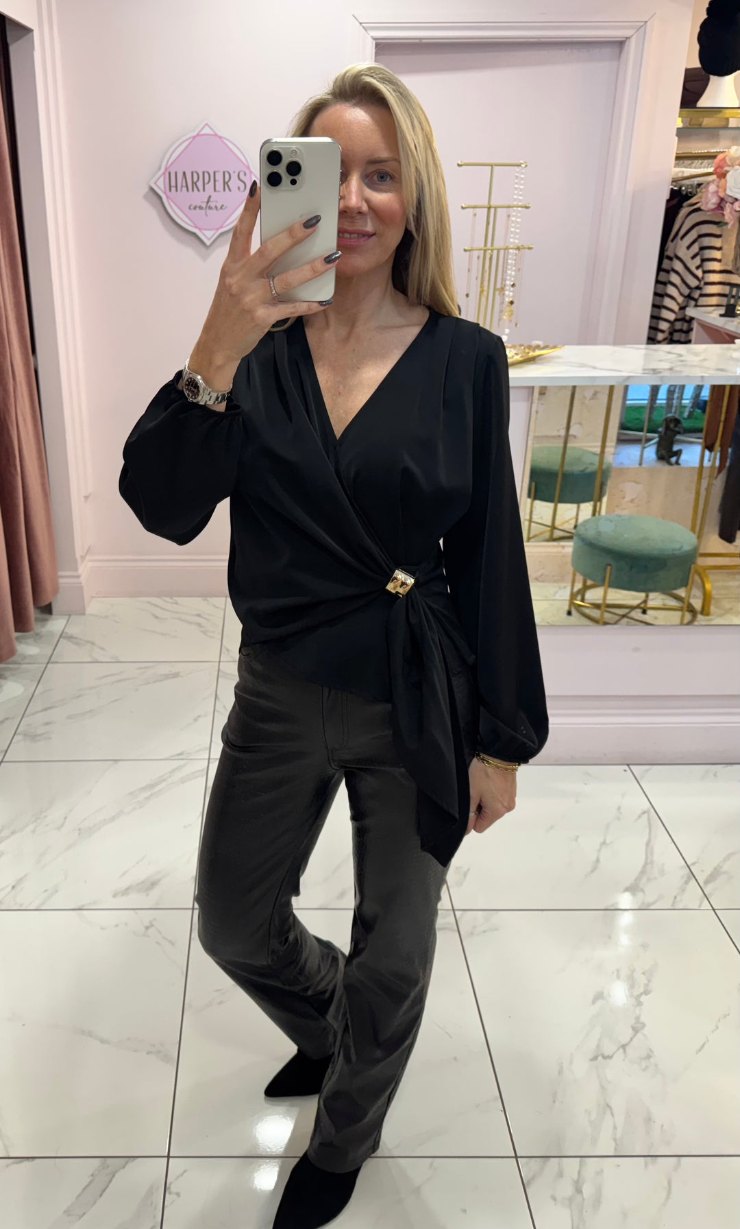 Ramona Black Faux Leather Straight Leg Trousers