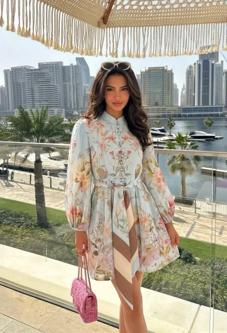 Floella Blue Belted Multicoloured Flower Dress