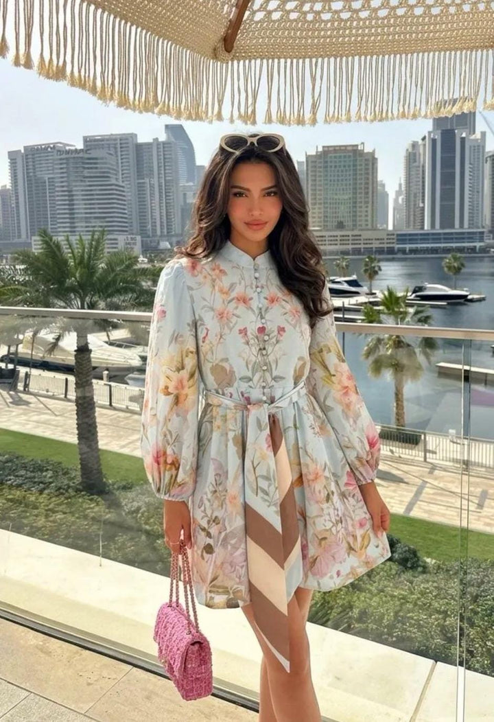Floella Blue Belted Multicoloured Flower Dress