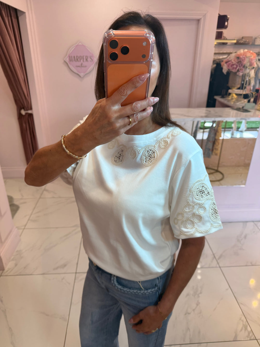 Pearl White Crochet Detail T-Shirt