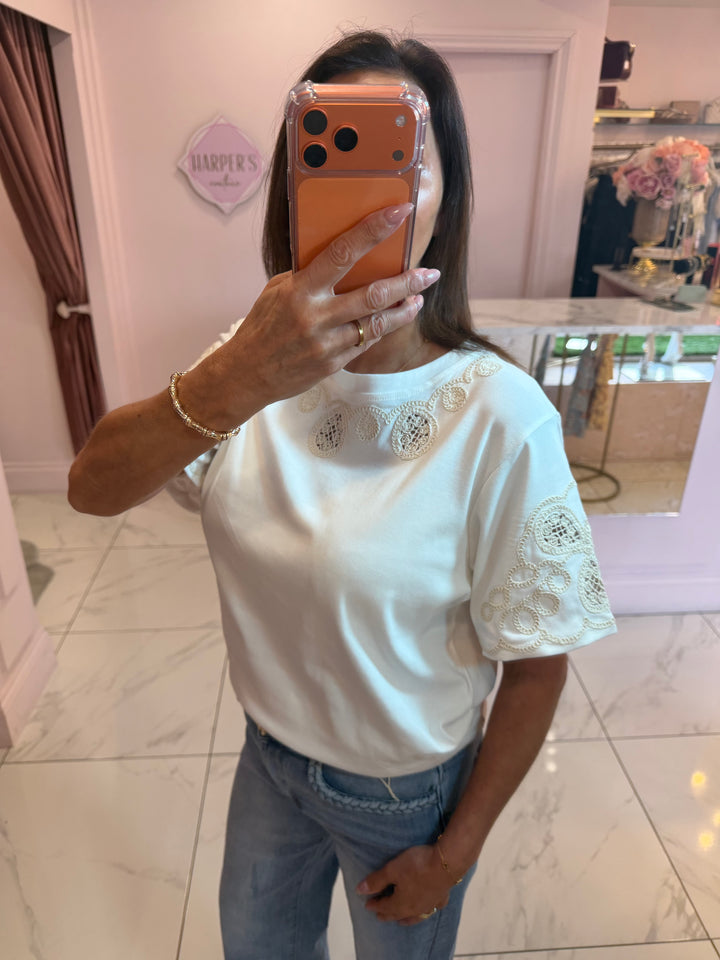 Pearl White Crochet Detail T-Shirt