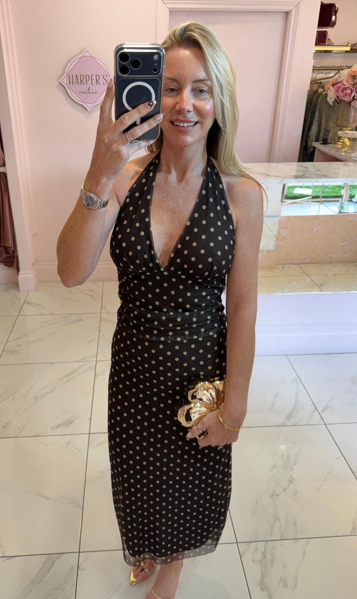 Abigail Chocolate Polka Dot Mesh Skirt &amp; Top Co Ord