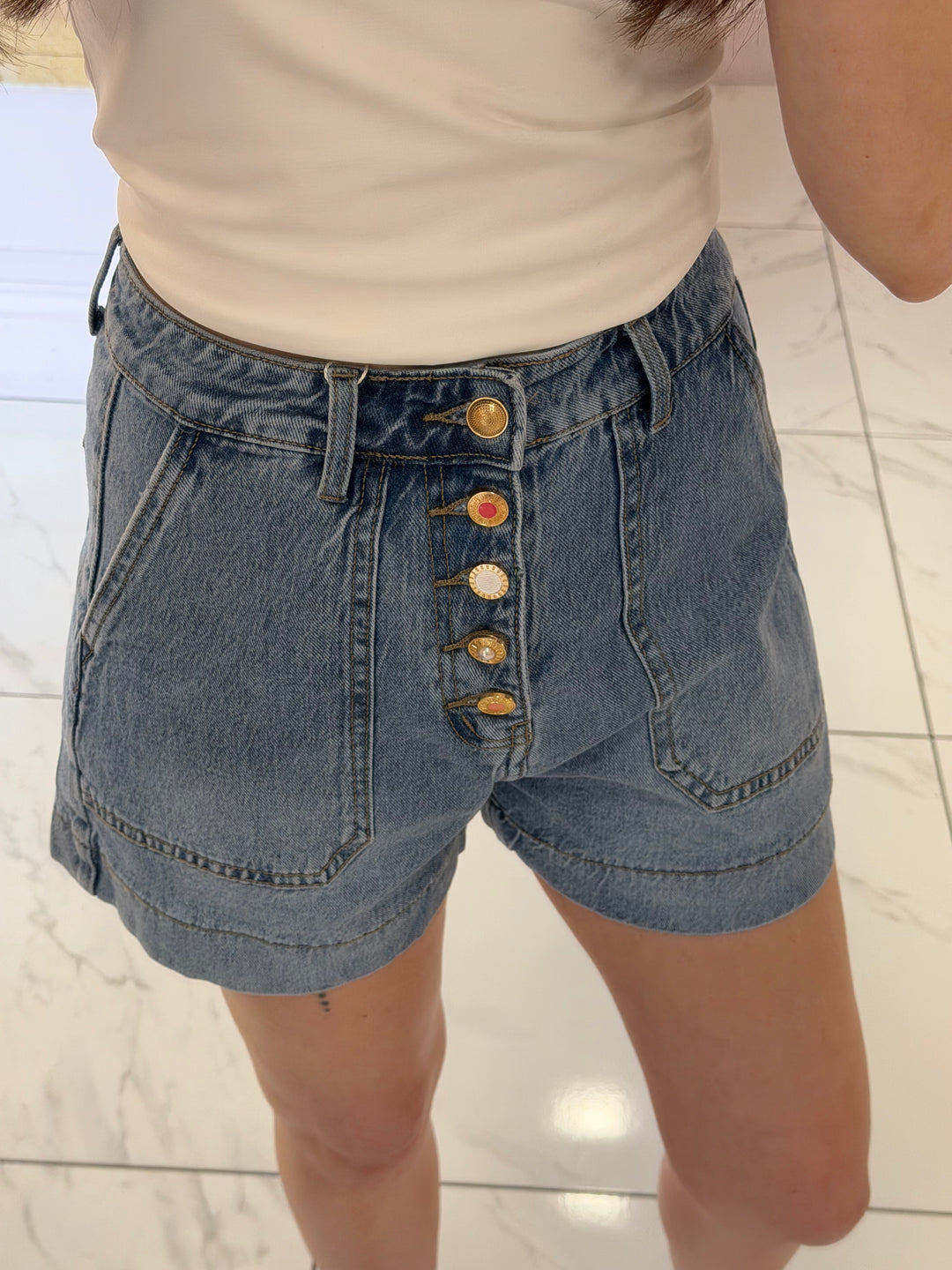 Edi Front Pocket Button Detail Denim Shorts