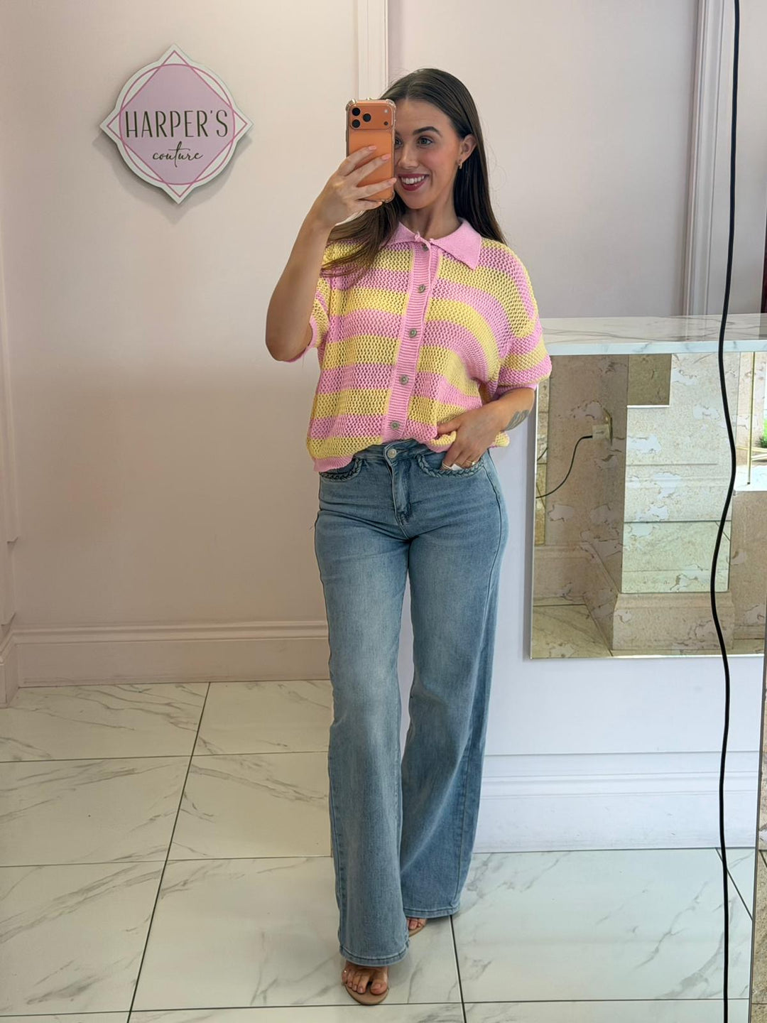 Raye Pink &amp; Yellow Button Detail Top/Cardigan