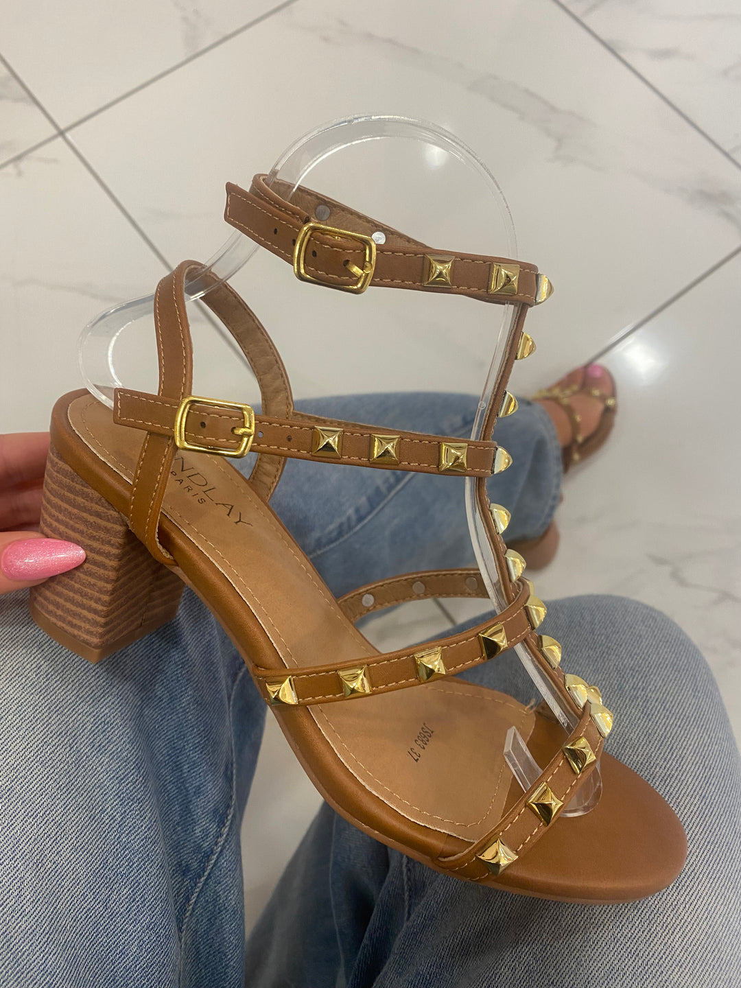 Valetta Tan Studded Block Heel Sandals
