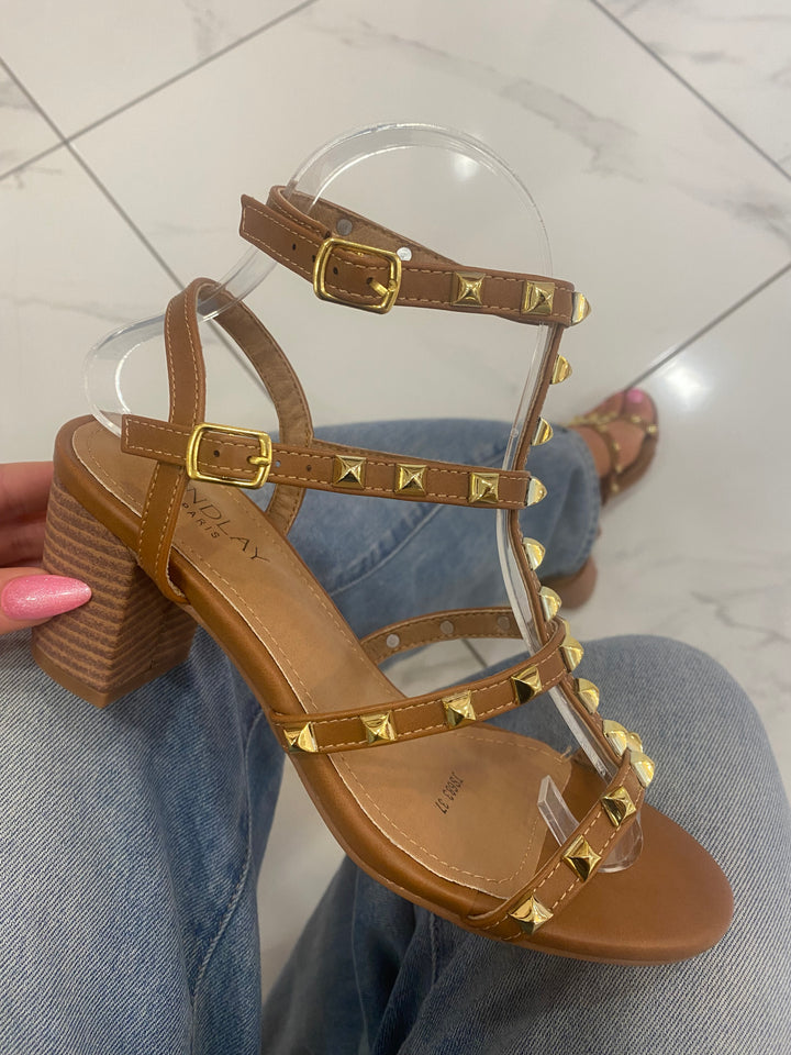 Valetta Tan Studded Block Heel Sandals