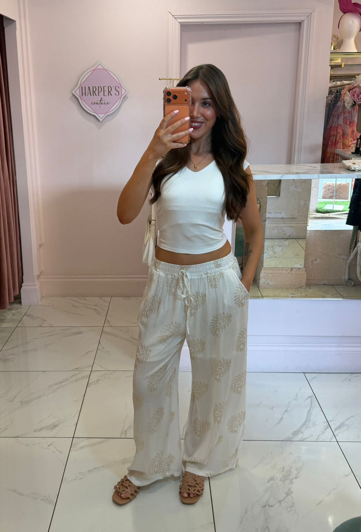 Harriet White &amp; Gold Paisley Pattern Trousers