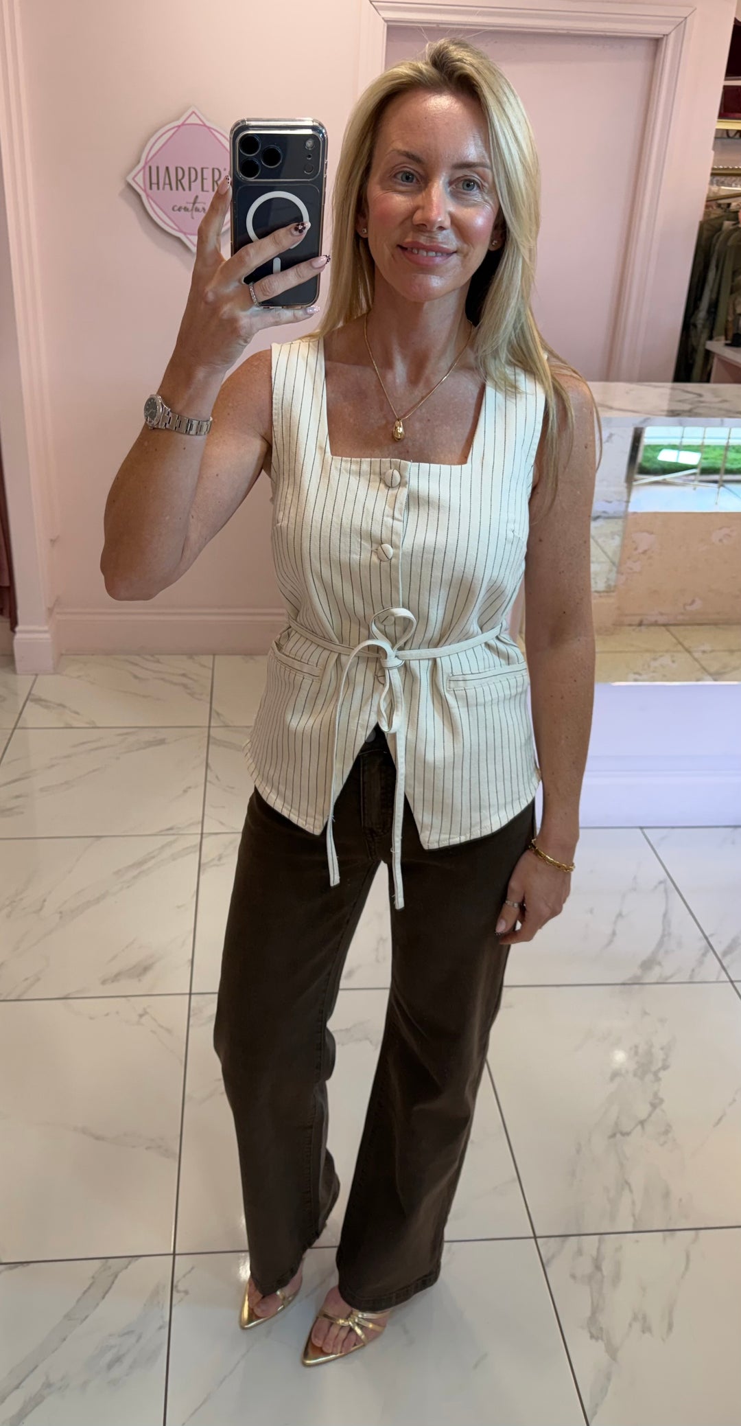 Matilda Striped Detail Waistcoat With Detachable Tie Belt