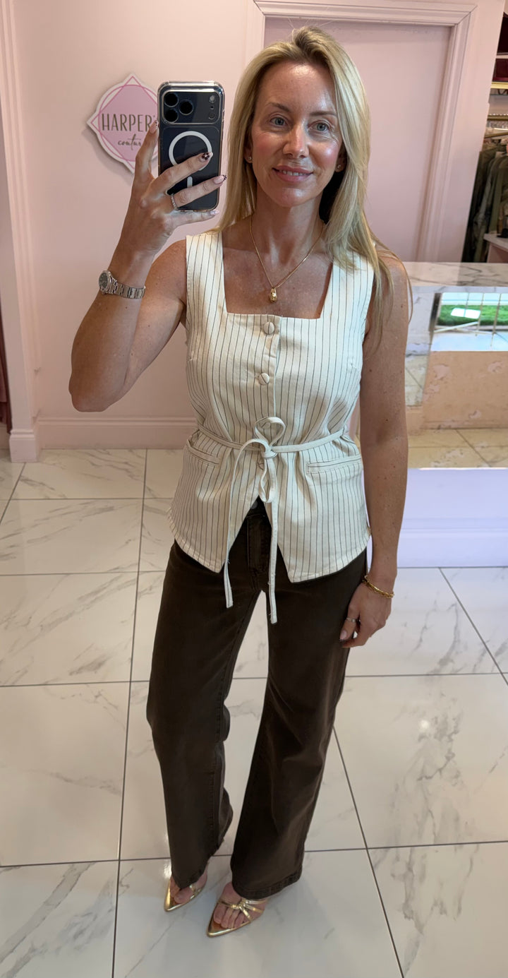 Matilda Striped Detail Waistcoat With Detachable Tie Belt