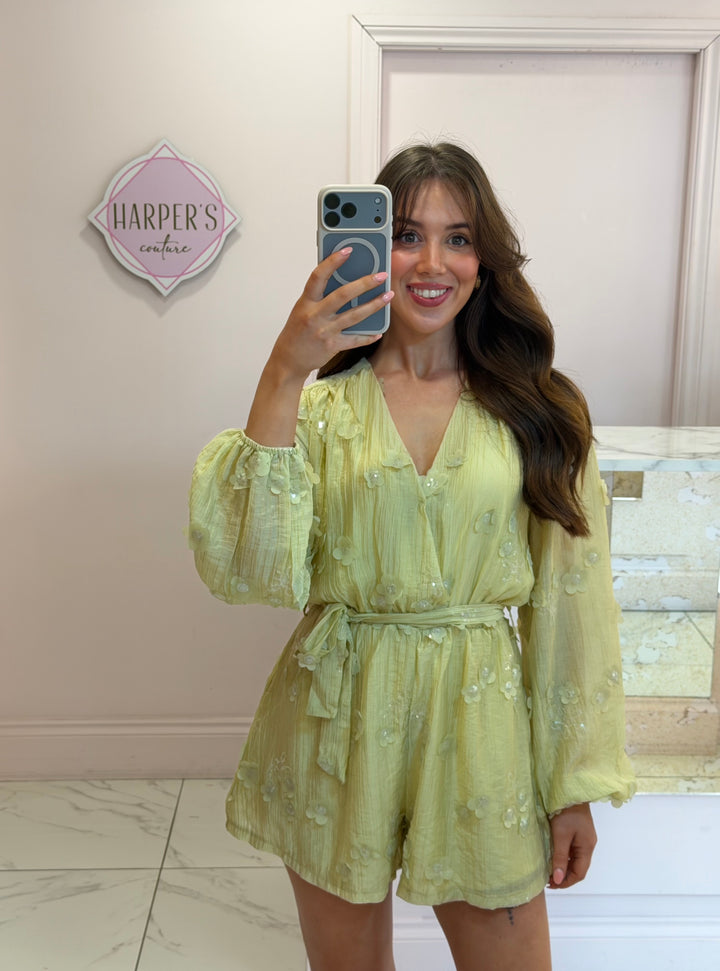 Oria Soft Green Floral Appliqué Playsuit