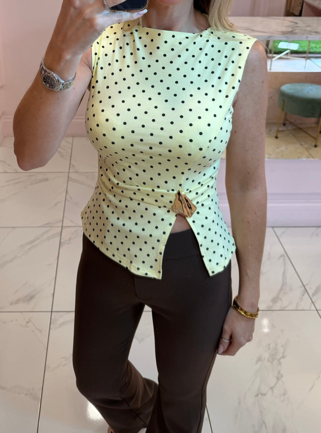 Beatrice Polka Dot Top With Gold Buckle Detail